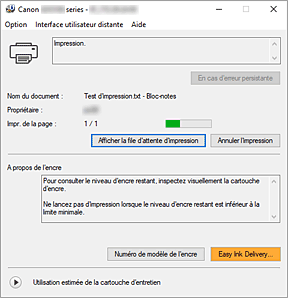 figure&nbsp;: Écran d'état d'imprimante Canon IJ