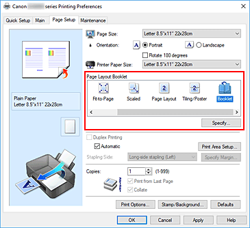 figure:Select Booklet for Page Layout on the Page Setup tab