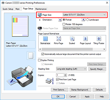 figure:Page Size on the Page Setup tab