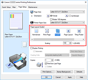 figure:Select Scaled for Page Layout on the Page Setup tab