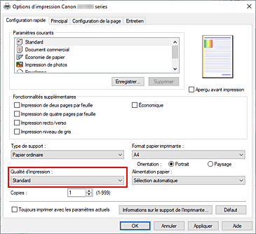 figure : Qualité d'impression dans l'onglet Configuration rapide