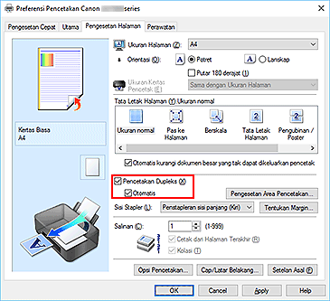 gambar: Kotak centang Pencetakan Dupleks pada tab Pengesetan Halaman