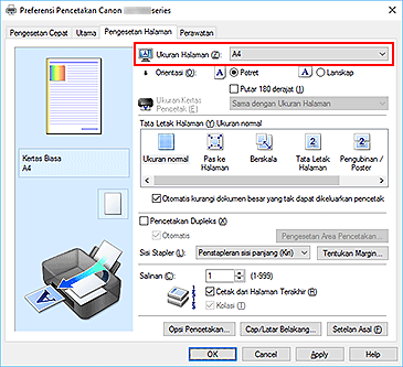 gambar: Ukuran Halaman pada tab Pengesetan Halaman