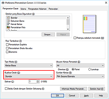 gambar: Kualitas Cetak pada tab Pengesetan Cepat
