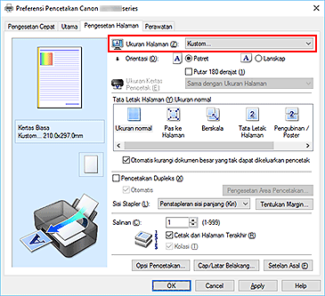 gambar: Pilih Kustom untuk Ukuran Halaman pada tab Pengesetan Halaman