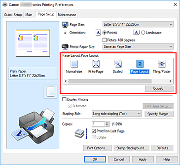 figura: selezionare Layout di pagina per Layout di pagina nella scheda Imposta pagina