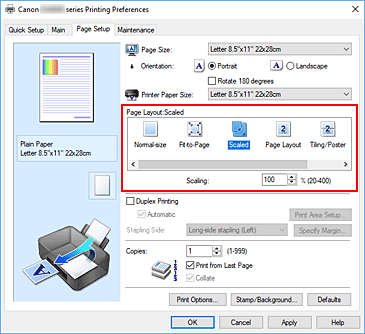 figura: Selezione di In scala per Layout di pagina nella scheda Imposta pagina