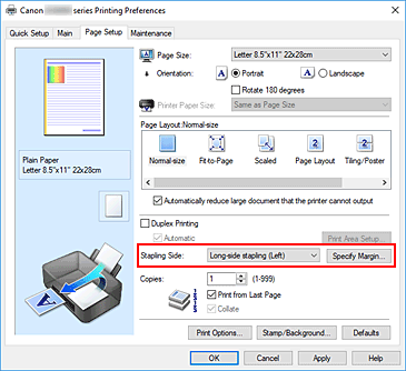 attēls: skavošanas puse cilnē Lapas iestatījums