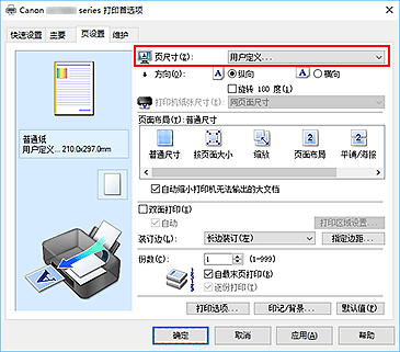 插图：在“页设置”选项卡上将“页尺寸”选择为“用户定义”