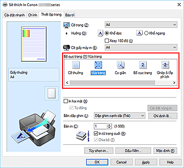 hình: Chọn Vừa trang cho Bố cục trang trên tab Thiết lập trang