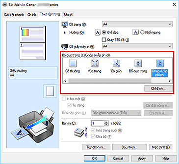 hình: Chọn Ghép ô/Áp phích cho Bố cục trang trên tab Thiết lập trang