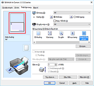 hình: Xem trước Cài đặt được hiển thị trên tab Thiết lập trang