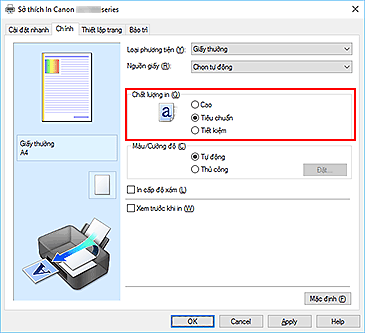 hình: Chất lượng in trên tab Chính