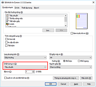 hình: Chất lượng in trên tab Cài đặt nhanh