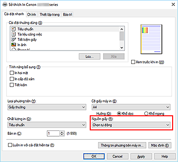 hình: Nguồn giấy trên tab Cài đặt nhanh
