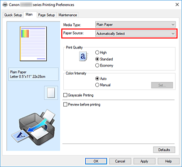 figure:Paper Source on the Main tab