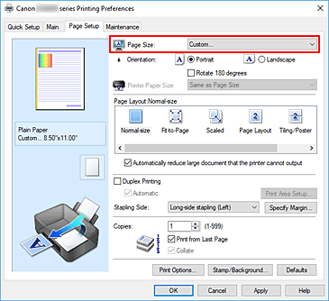 figure:Select Custom for Page Size on the Page Setup tab