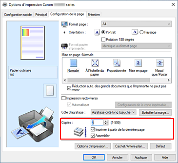 figure&nbsp;: Copies dans l'onglet Configuration de la page