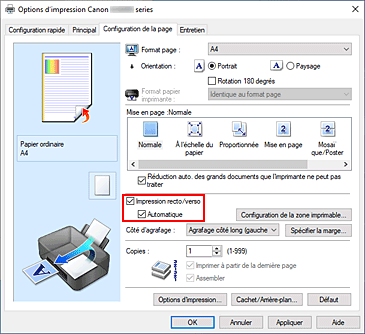 figure&nbsp;: Case à cocher Impression recto/verso dans l'onglet Configuration de la page
