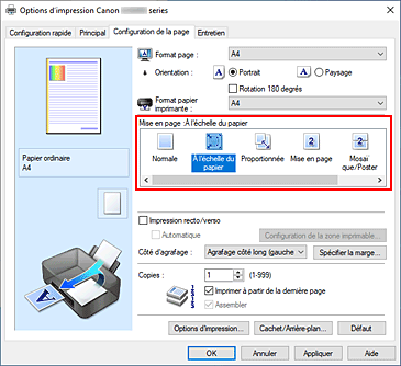 figure&nbsp;: Sélectionnez À l'échelle du papier comme Mise en page dans l'onglet Configuration de la page.