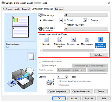 figure&nbsp;: Sélectionnez Mosaïque/Poster comme Mise en page dans l'onglet Configuration de la page.