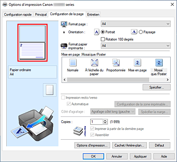 figure&nbsp;: Affichage de l'aperçu des paramètres dans l'onglet Configuration de la page