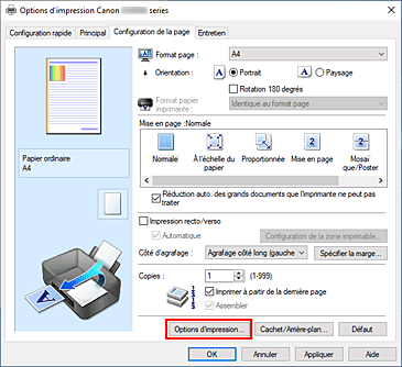 figure&nbsp;: Options d'impression... dans l'onglet Configuration de la page