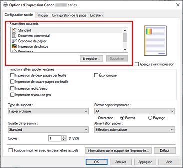 figure&nbsp;: Paramètres courants dans l'onglet Configuration rapide