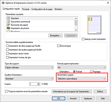 figure&nbsp;: Alimentation papier dans l'onglet Configuration rapide