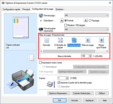 figure&nbsp;: Sélectionnez Proportionnée comme Mise en page dans l'onglet Configuration de la page.