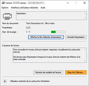 figure&nbsp;: Écran d'état d'imprimante Canon IJ