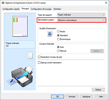 figure&nbsp;: Alimentation papier dans l'onglet Principal