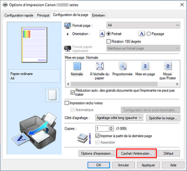 figure&nbsp;: Cachet/Arrière-plan... dans l'onglet Configuration de la page