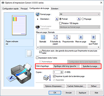 figure&nbsp;: Côté d'agrafage dans l'onglet Configuration de la page