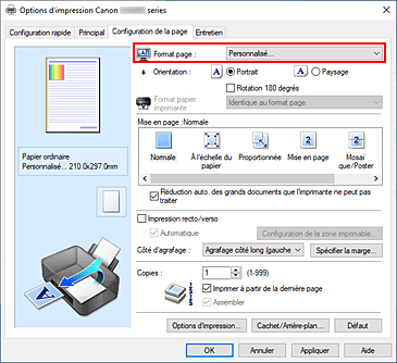 figure&nbsp;: Sélectionnez Personnalisé pour Format page dans l'onglet Configuration de la page.