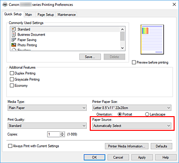 figura:Paper Source din fila Quick Setup