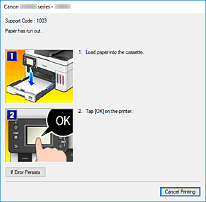 Obrázok: zobrazenie chyby v aplikácii Monitor stavu tlačiarne Canon IJ