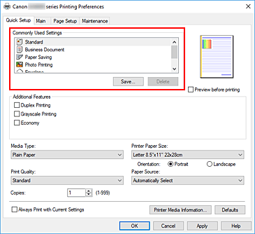 slika: možnost Commonly Used Settings na kartici Quick Setup