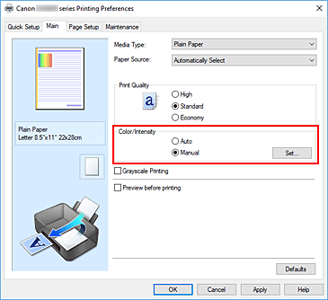 figur: Välj Manuell vid Färg/intensitet på fliken Huvudgrupp