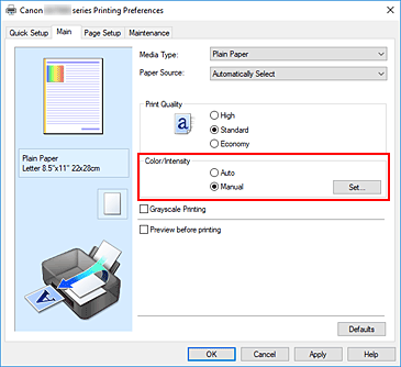 şekil: Ana sekmesinde Renk/Yoğunluk için El İle seçeneğini belirleyin