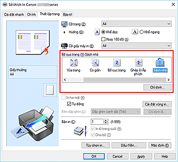 hình: Chọn Sách nhỏ cho Bố cục trang trên tab Thiết lập trang