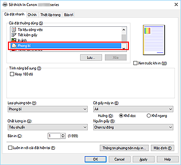 hình: Chọn Phong bì từ Cài đặt thường dùng trên tab Cài đặt nhanh