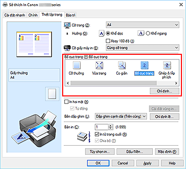 hình: Chọn Bố cục trang cho Bố cục trang trên tab Thiết lập trang