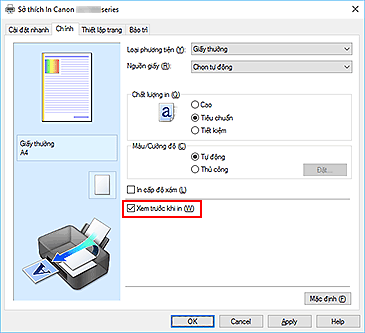 hình: Hộp kiểm Xem trước khi in trên tab Chính