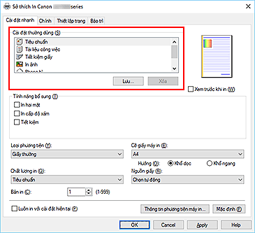 hình: Cài đặt thường dùng trên tab Cài đặt nhanh