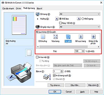 hình: Chọn Co giãn cho Bố cục trang trên tab Thiết lập trang