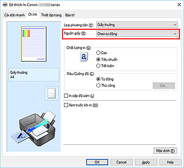 hình: Nguồn giấy trên tab Chính