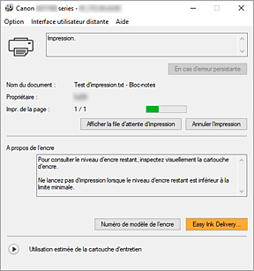 figure&nbsp;: Écran d'état d'imprimante Canon IJ
