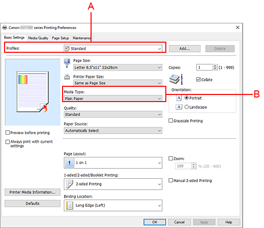 figure:Profiles on the Basic Settings tab