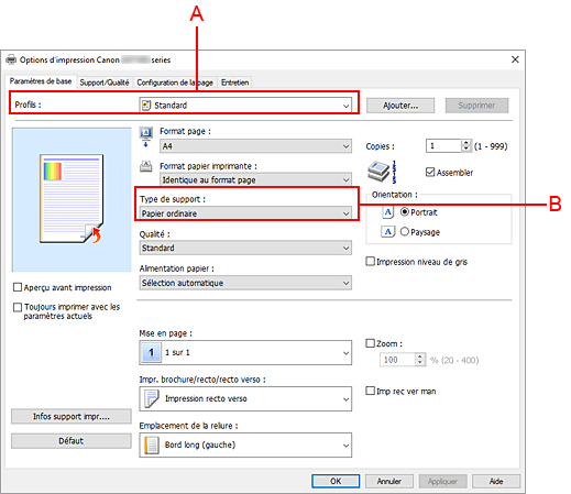 figure&nbsp;: Profils sur l'onglet Paramètres de base